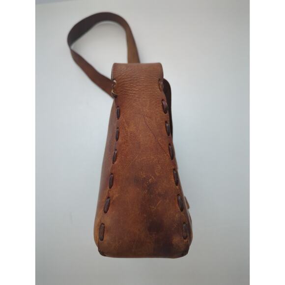 Vtg 60s Tooled Stitched Leather Shoulder Bag Floral detail Rustic Boho Crossbody - Picture 6 of 11